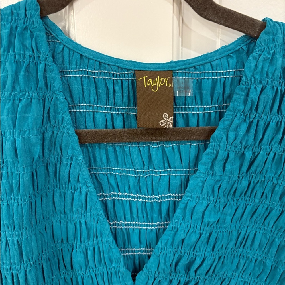 Taylor Teal Smocked V-Neck Maxi Dress with Puff Sleeves - Picture 3 of 5